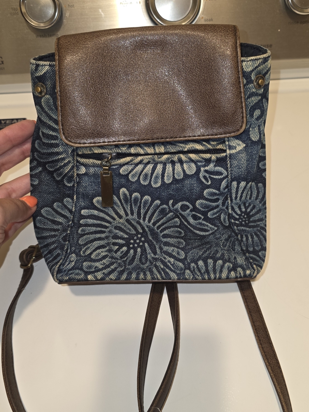 Blue Floral Denim Backpack with Brown Trim